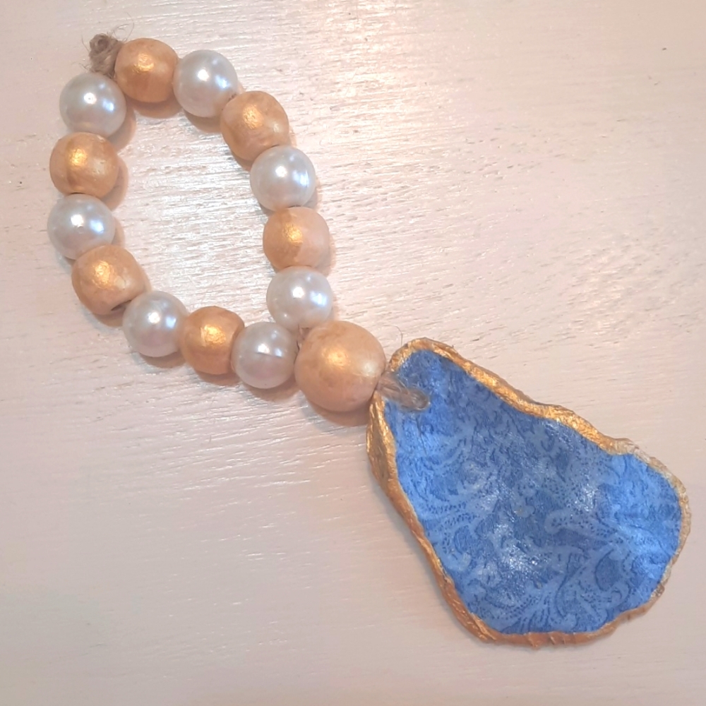 Floral Blue &  Gold Decoupage Oyster Shell Beaded Accents #959